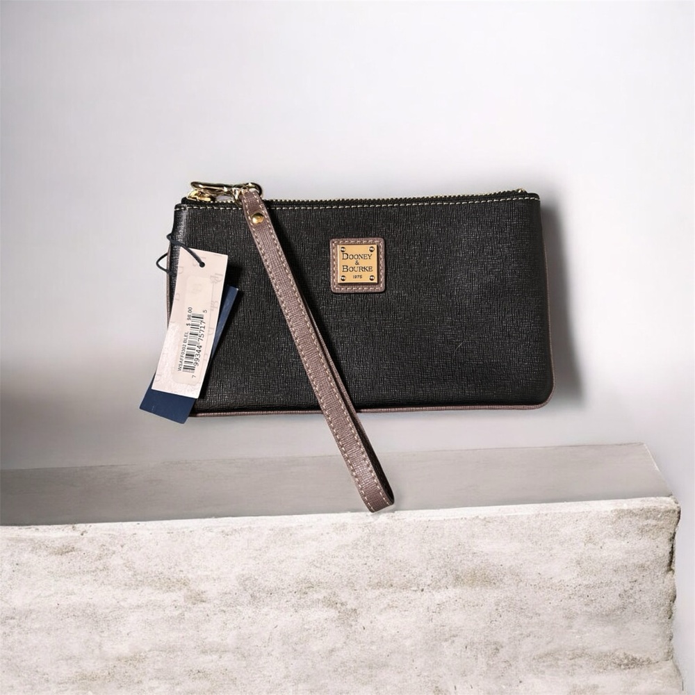 Dooney & Bourke Black Leather Wristlet with Brown Strap